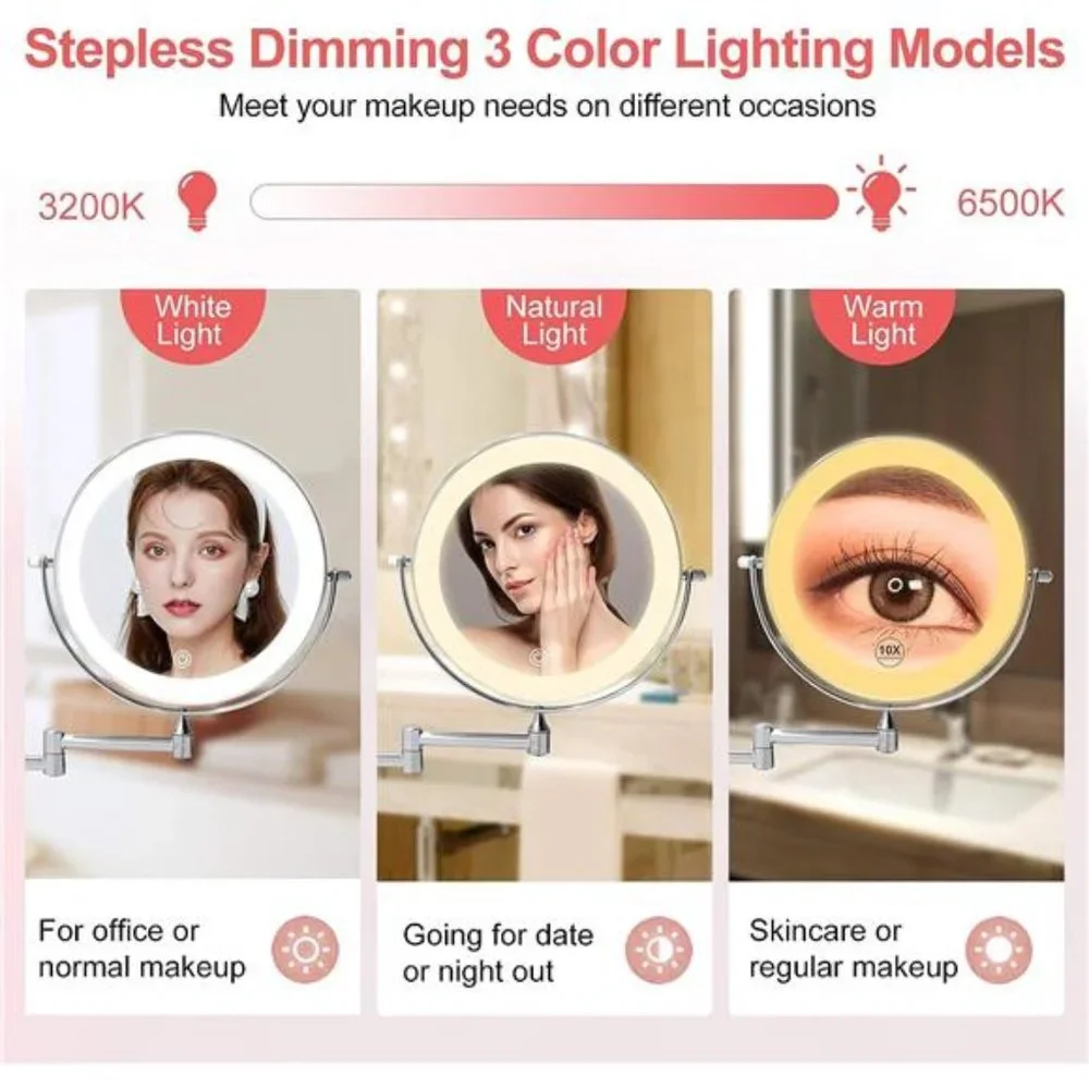 Rechargeable Wall Mounted Lighted Makeup Vanity Mirror 8 Inch Double Sided